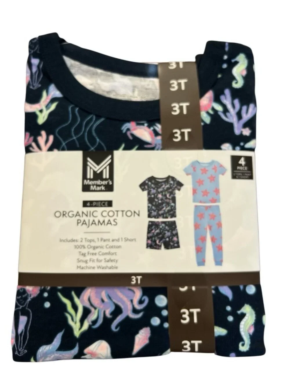 Member's Mark Organic Cotton Toddler Pajama Set-2 Tops/1 Pant/1Shorts-Size 3T